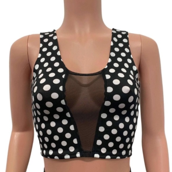 Top 10 women’s geographic print mesh insert crop top black white size S~M - Picture 9 of 9